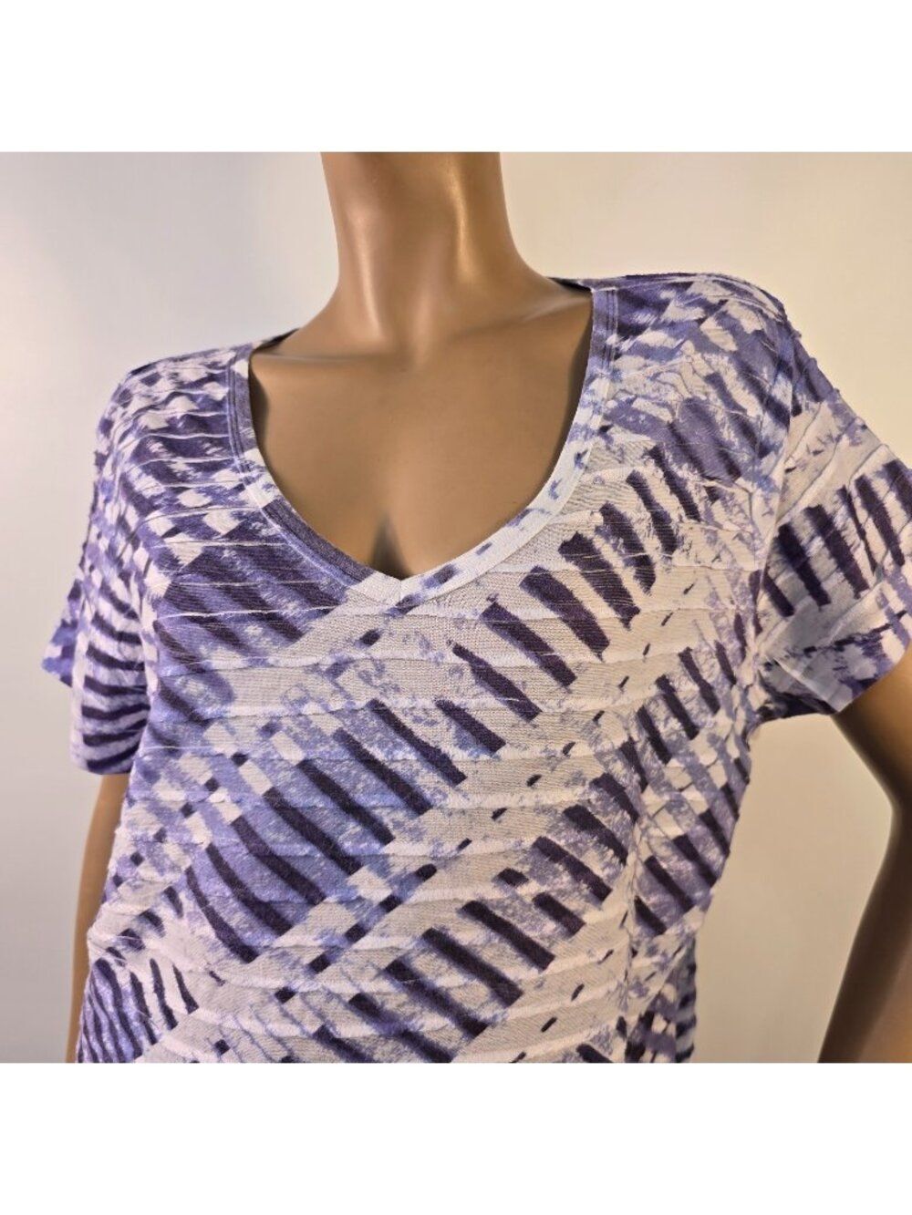 JM Collection Women Top Tie-Dye Blue White Pleated Fabric Short Sleeve Size XL